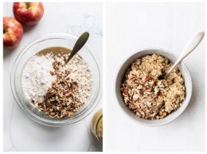 A bowl with the dry ingredients added to the wet ingredients, and a bowl showing reserved topping with pecans.